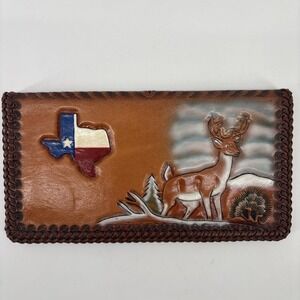 VTG Hand Tooled Leather Western Whip Stitch Wallet Brown Checkbook Texas Buck